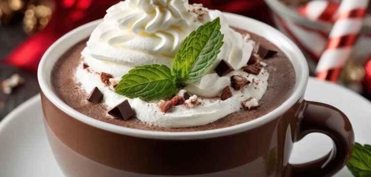  The image features a delicious drink with chocolate, whipped cream, and mint toppings. The beverage is served in a tall cup.