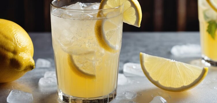  .The image features a glass of lemonade on a table, accompanied by sliced lemons and ice. The lemonade is placed in.