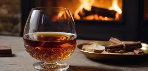  This image depicts a cozy scene with a glass of liquid, likely wine or whiskey, placed on a table. The drink is surrounded by.