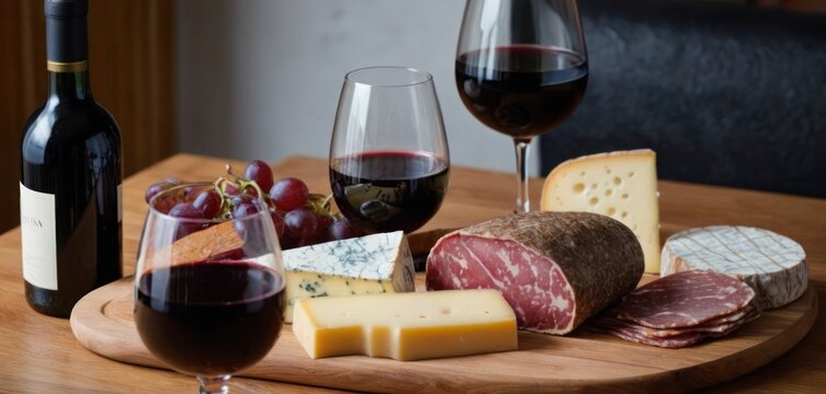  .The image features a wooden table with a cutting board topped with various cheeses, grapes and wine bottles. There are four glasses.