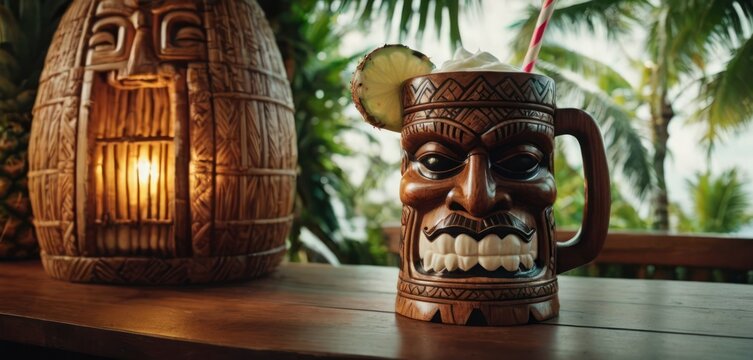  .The image features a large wooden cup sitting on a table. This cup is designed to look like a person with teeth, and it appears to be made.