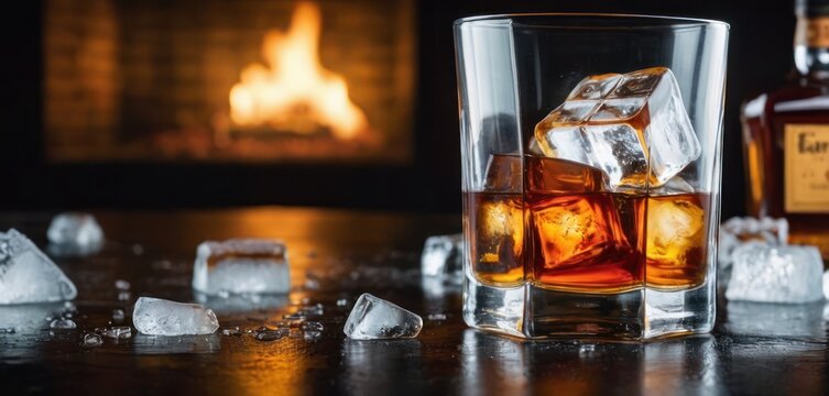  In the image, a glass filled with whiskey is placed in front of an open fireplace. The fireplace has ice cubes and wood logs inside.