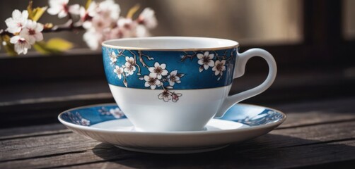  The image features a white and blue tea cup with flowers on it, placed on top of a saucer. The cup is resting on a wooden surface.