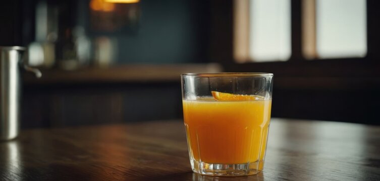  .The image features a glass containing orange juice, sitting on top of a wooden table. The glass is placed near a counter in the background, which.