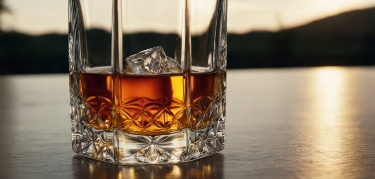  The image displays a glass filled with clear liquid, possibly whiskey or another type of alcoholic beverage. The glass is sitting on a table and.