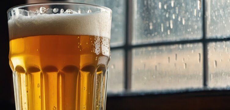  In the image, a tall glass is filled with beer and sitting on a table. The glass has a few drops of rainwater in it which.