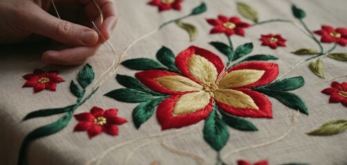  The image depicts a person, likely a woman, skillfully working on a piece of embroidery. The individual is using a sewing need.