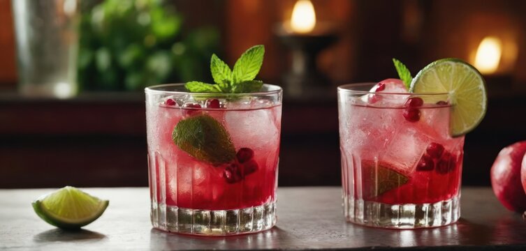  .This image is a closeup of two cocktails filled with fruit. The drinks contain raspberries and lime, giving them.