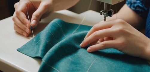  In the image, a woman is sitting at a sewing table with two hands busy working on a piece of cloth. She seems focused and engaged in her. - obrazy, fototapety, plakaty