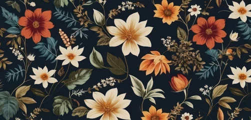 Zelfklevend Fotobehang  The image shows a patterned fabric featuring an assortment of colorful flowers in different sizes and shapes, arranged on a black background. These flowers create. © Jevjenijs