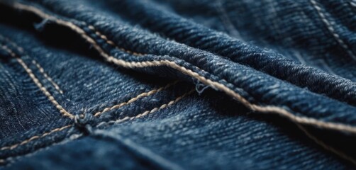  .The image is a close-up of blue jeans with a white stitched seam. The jeans appear to be worn and faded. - obrazy, fototapety, plakaty