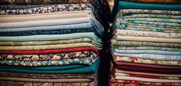  .The image depicts a large stack of fabric in various colors. There are multiple layers, with the fabrics arranged both horizontally and vert.