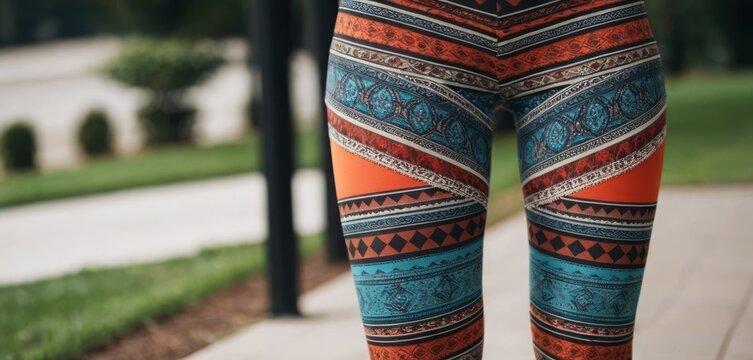  .The image features a woman wearing tight, colorful patterned leggings. She is walking down the sidewalk near the street while showc.