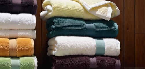 .This image shows a set of towels stacked up neatly on each other. The towels are folded and organized in an appe.