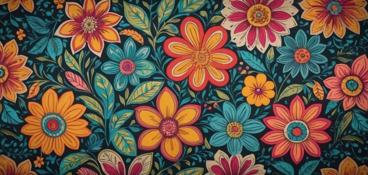  .The image is a close-up of a flower print wallpaper with various flowers in different colors. The main color scheme consists of red, yellow and.