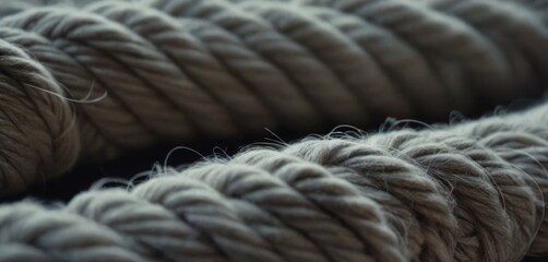  The image features a closeup of several ropes, possibly made from hemp or similar fibers. The ropes are twisted and appear to be.
