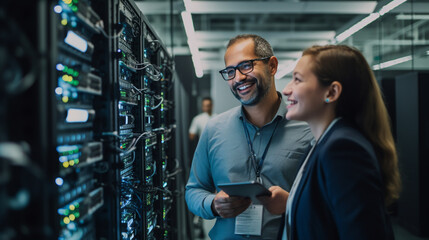 a collaborative moment between a male IT specialist and a female server technician. They discuss work in a data center