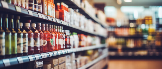 Abstract blur image of Shopping mall with bokeh. Supermarket aisle and shelves blurred background. Blurred bright out of focus interior of a spacious open grocery store with neatly arranged shelves. - obrazy, fototapety, plakaty