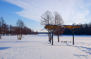 The beach is covered with snow in winter.