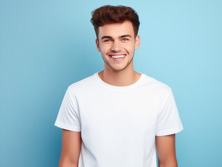 smiling young man in white shirt against blue background