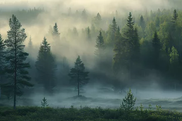 Wall murals Forest in fog sunny morning in eastern Finland