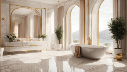 A luxurious bathroom with marble accents, decorated in a modern style. generative AI