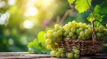 Green grape in Bamboo basket on wooden table in garden, Shine Muscat Grape with leaves in blur background. - obrazy, fototapety, plakaty