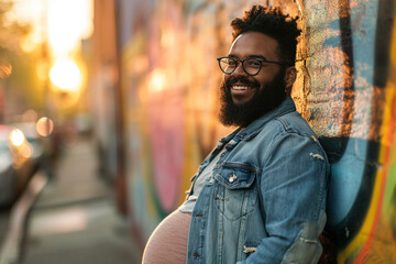 Celebrating diversity in parenthood pregnant man gender norms the definition of family concept. Happy smiling pregnant African American transexual man with beard expectant trans father walking - obrazy, fototapety, plakaty