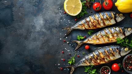 Grilled mackerel fish with lemon herbs and spices, banner, menu recipe place for text, top view - obrazy, fototapety, plakaty