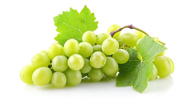 Green grape with leaves isolated on white. With clipping path. Full depth of field.