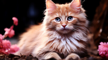 Cute ginger cat with blue eyes on a dark background. Fluffy pet.