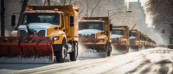 Poster Orange trucks snow plows with forest tree background. Snow plow pickup trucks equipped for winter weather and efficient snow removal operations on city streets. © pijav4uk
