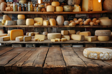 Wooden Tabletop Foreground, Background of Blurry Artisanal Cheese Decoration