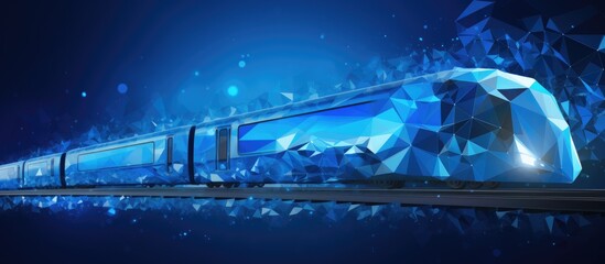 Fast passenger train with abstract polygonal light and business wireframe spheres. Travel concept depicted in blue structure style illustration, with flying debris. - 708347082