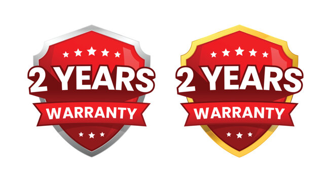 2 years warranty label or badge design, with a minimalist and shiny red shield icon isolated. Vector Illustration
