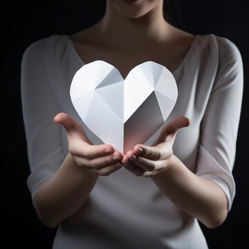 Woman hands holding whit paper heart shape for Happiness moment, Health care, donate, Anniversary, Valentine's day, Hope and family insurance concept, World heart day, world health day, Generative AI.