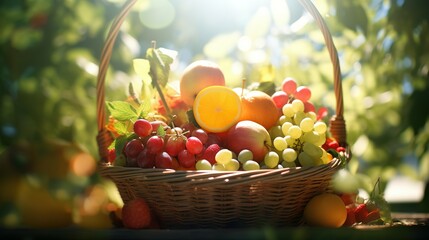 Sunlit assorted fruit basket outdoors with bokeh background - Generative AI