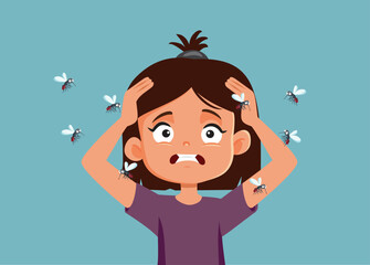 Stressed Child Surrounded by Mosquitoes Vector Cartoon Illustration. Desperate kid trying to defend herself from insects 
