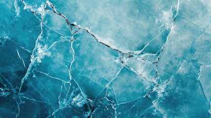 Beautiful winter natural blue ice texture of surface of frozen. Nature abstract pattern of white cracks. Winter seasonal background, mock up, flat lay, ice texture background