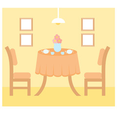 Interior Dining Room.Home architecture.Dining table in cosy kitchen with chairs.Restaurant or cafe.Elements and furniture of room decor.Flat graphic design.Cartoon vector illustration.