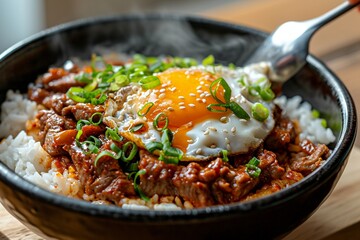 Korean Bulgogi Pork Rice on top with onsen egg with someone put spoon in