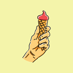 Hand holding an ice cream strawberry vector illustration design