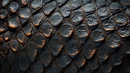 A detailed image showing a close up of a luxurious gold and black dragon scale pattern. Ideal for fantasy-themed designs, gaming graphics, fashion textiles, and interior decor.