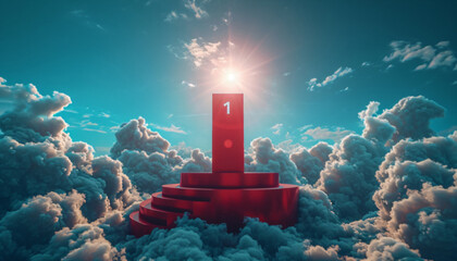 First place concept image. Red podium with the sky in the background.