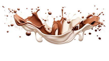 chocolate pieces falling on chocolate sauce and milk - obrazy, fototapety, plakaty