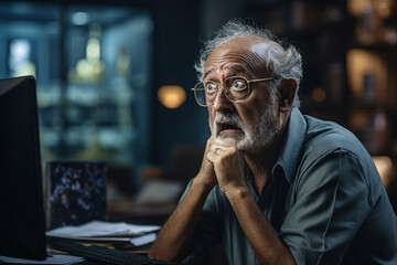 Mature middle aged senior Indian man frustrated using laptop. Concentrated old businessman distance applicant, aged seeker searching job online, blogger writer. Old people and technology concept - obrazy, fototapety, plakaty