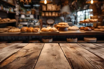 Foto op Plexiglas Empty Wooden Tabletop with Blurry Bakery Shop Background © ITrWorks