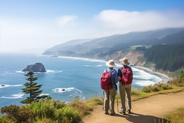 Obraz premium Couple hiking on the Lost Coast Trail in California