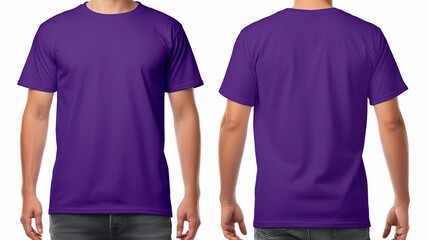 man wearing a blank purple t-shirt, front and back side clothing template mockup