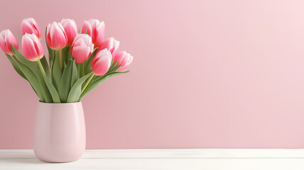Creative concept for International Mother and Family Day Pink tulip flower arrangement